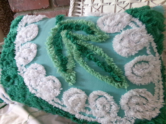 Botanical Leaf Pillow Cover & Insert, 12" x 16", REVERSIBLE Accent Pillow Designed from Vintage Chenille Bedspread Fabric, Shabby Home Decor