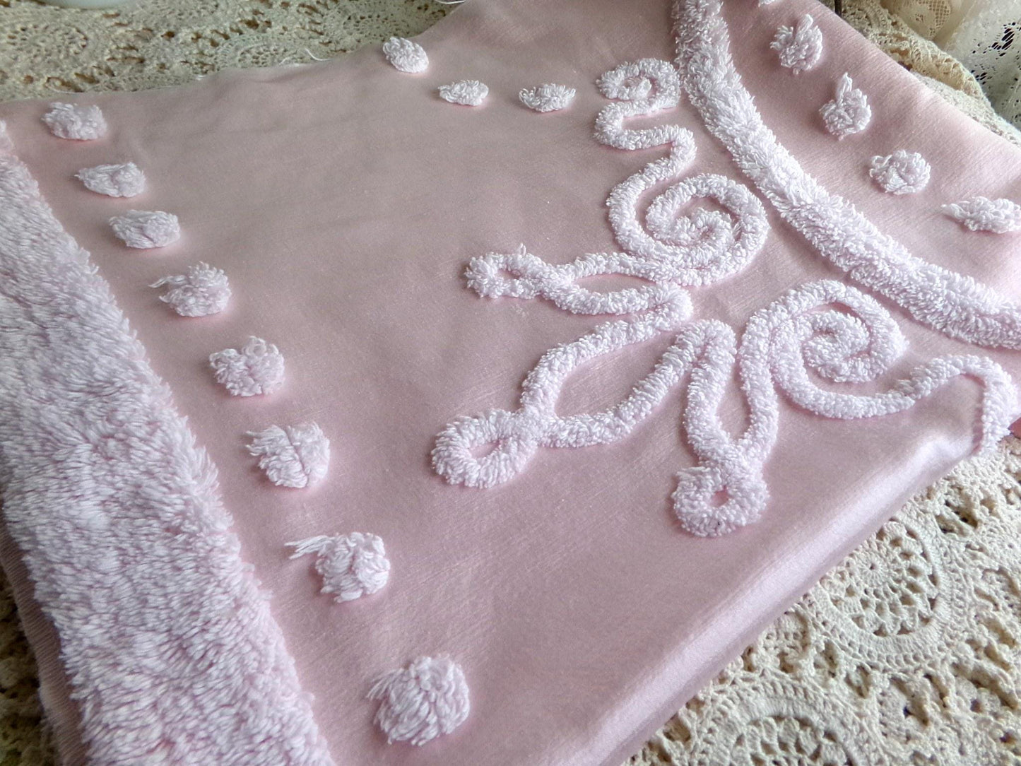glamorous pink satin fabric piece with chenille tufting, 22" x 25" inch piece of luxury vintage sewing material for arts & crafts