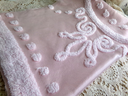 glamorous pink satin fabric piece with chenille tufting, 22" x 25" inch piece of luxury vintage sewing material for arts & crafts