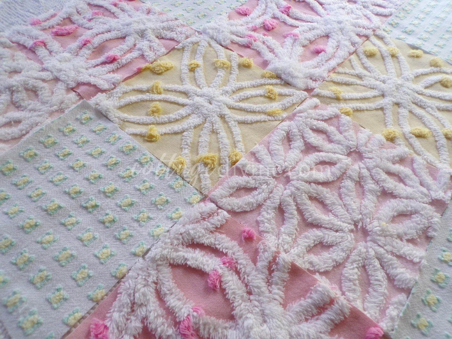 Spring Fling Chenille Quilt Squares Set from Vintage Bedspread Fabric, 16 Blocks, 6" x 6" inch