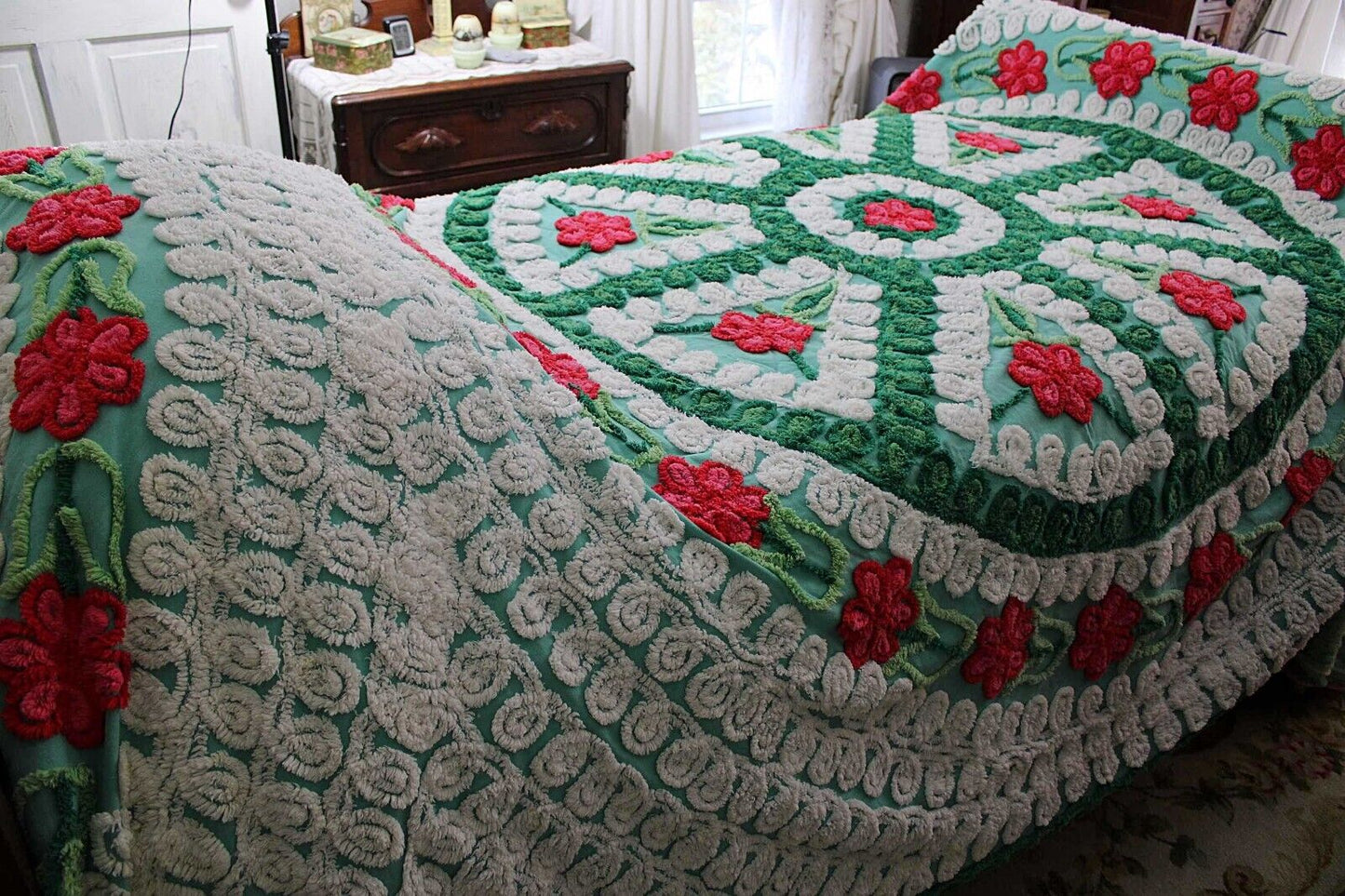 Dazzling Vintage Green Chenille Bedspread, Plush Cherry Pink Red Roses, Full Size