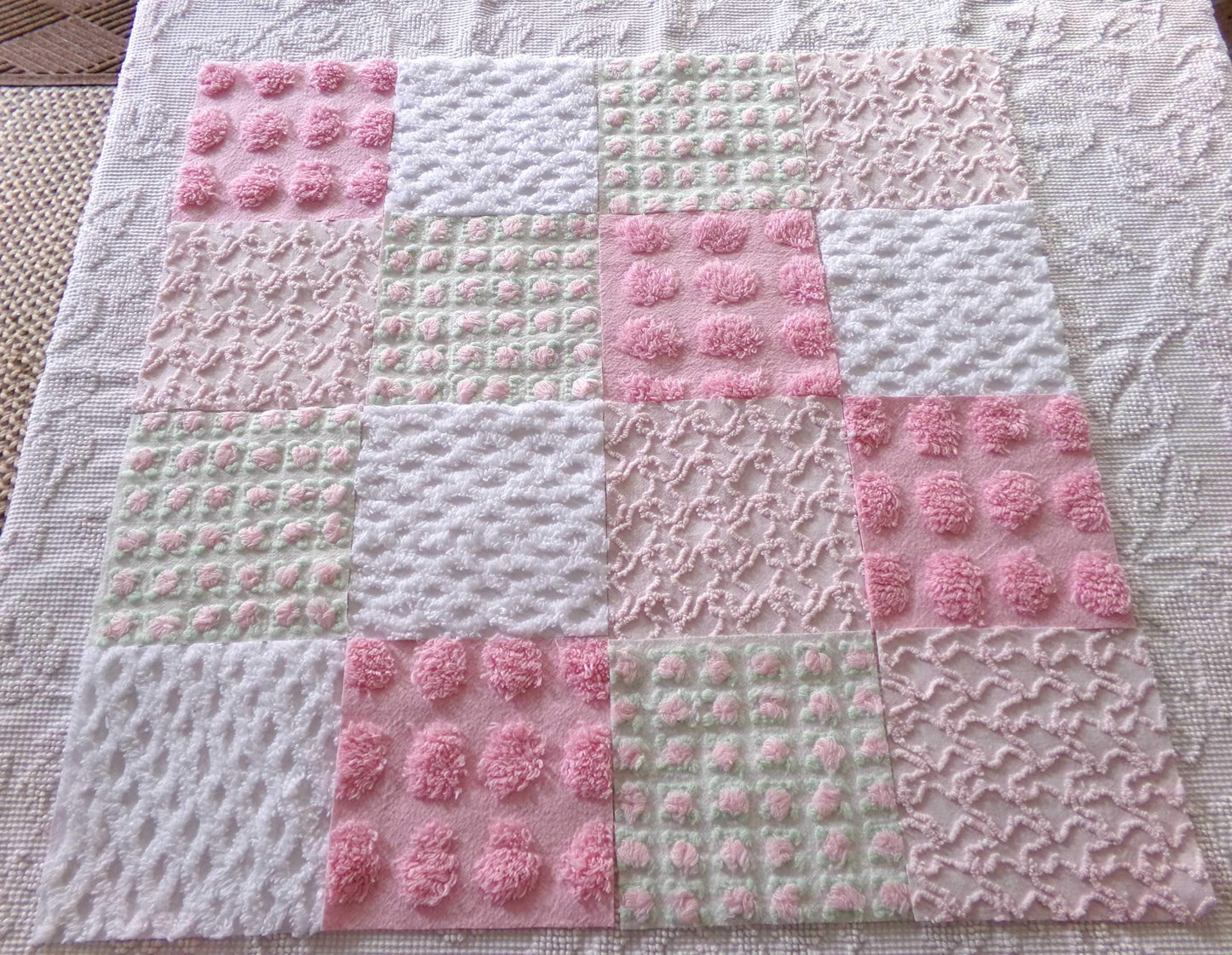 fairy chic chenille fabric squares, pink cottage rosebuds, 16 vintage quilt blocks 6" x 6" inch, for patchwork pillows, quilting, crafts