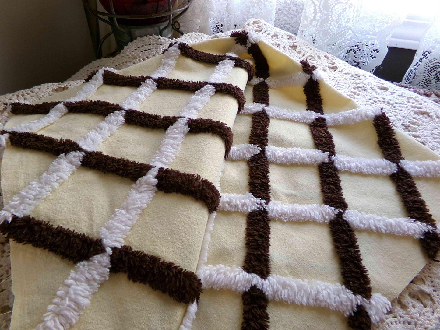 Buttery Yellow Chenille Crosshatch Fabric, Wide Tufted Chocolate Brown & White Lines, 20" x 25" inch Vintage MCM Cotton Material