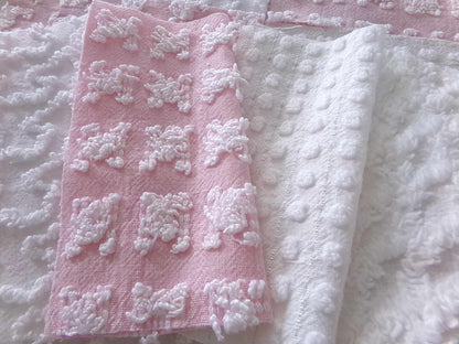 angel feathers chenille fabric squares, pink & white rosebud, lattice, dots, squiggles, vintage square set of 16 quilt blocks, 6" x 6" inch