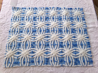 coastal chic blue vintage chenille fabric, white tufted spider rings & little pops, 24" x 18" inch piece