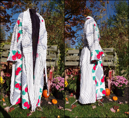 Plus Size Chenille Robe "Lovey Dovey" Red Roses Dove Grey Bathrobe Upcycled from WWII Era Vintage Chenille Bedspread, 1X, 2X Large