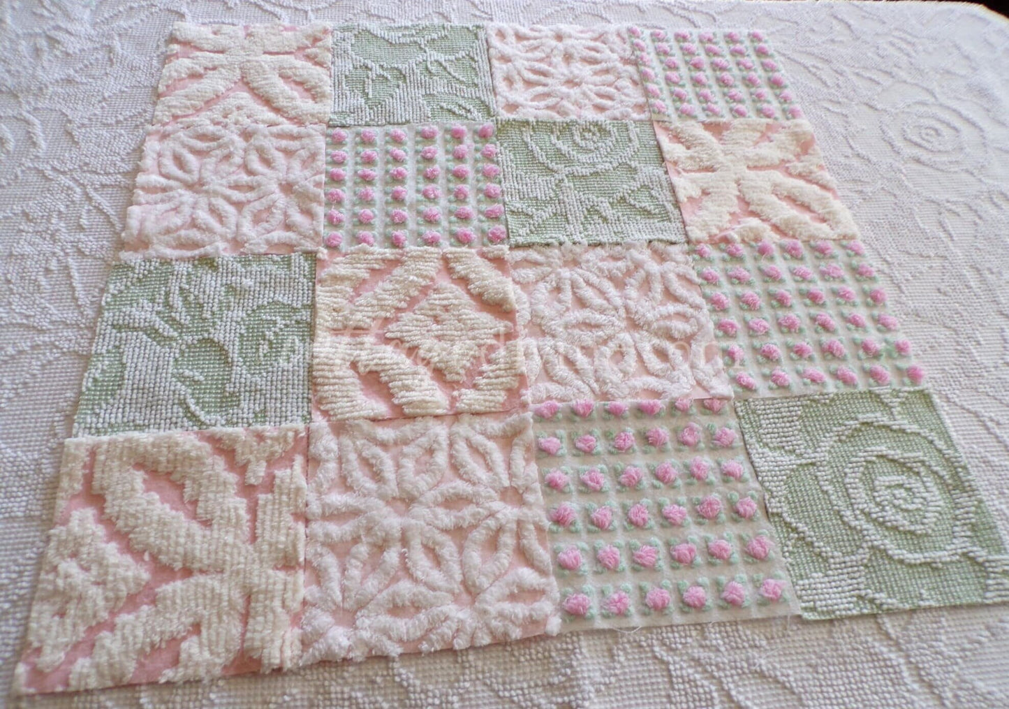 pink & green chenille fabric squares, set of 16 vintage quilt blocks 6" each, popular spring daisy, rosebud and hobnail patterns