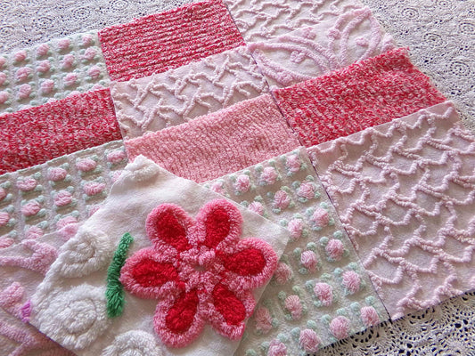 Sweet Kisses Chenille Fabric Squares Set in Pink, Red, White, 17 Blocks, 6" inch ea, Great Range of Textures & a Pretty Flower Block
