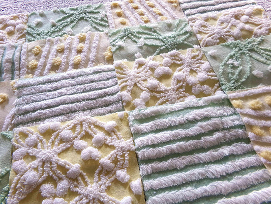 Springtime Fresh Chenille Fabric Squares Set in Yellow, Green & White, 17 Blocks, 6" inch ea, Cheery Stripes, Dots Geometric Designs