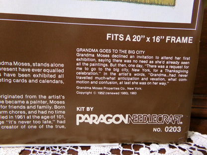 GRANDMA GOES to the Big CITY Crewel Embroidery Kit, Vintage Grandma Moses Paragon Needlecraft Creative Stitchery #0203