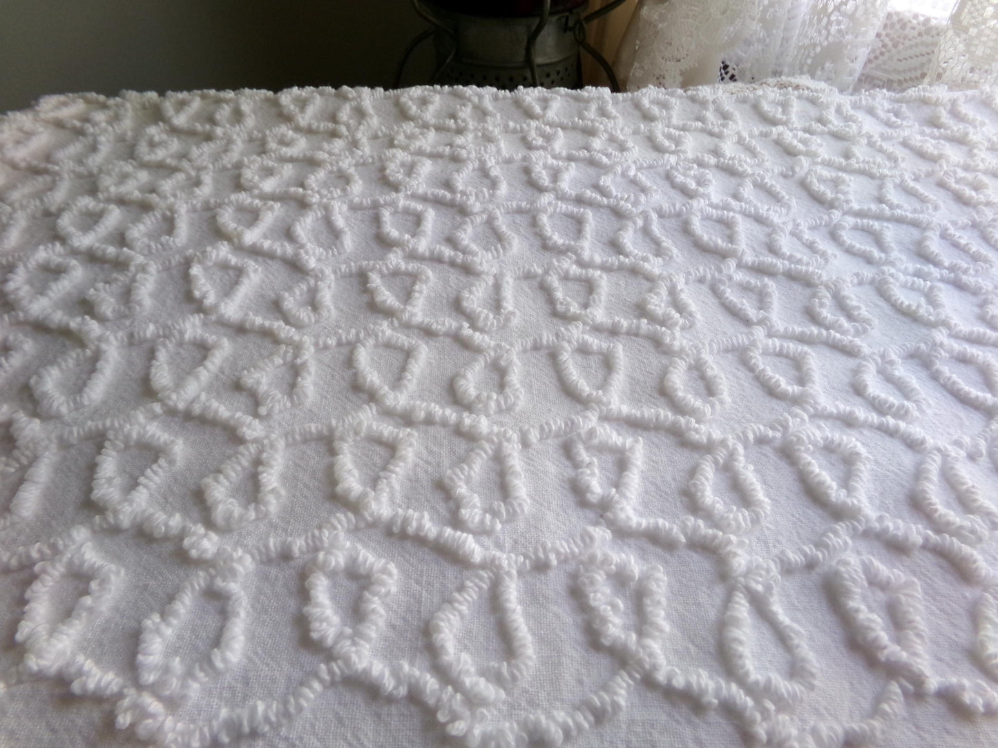 White Cursive Loops Texturized Chenille Material, 19" x 27" inch Needletuft Piece, Neutral Vintage Fabric for Handmade Quilts, DIY Pillows