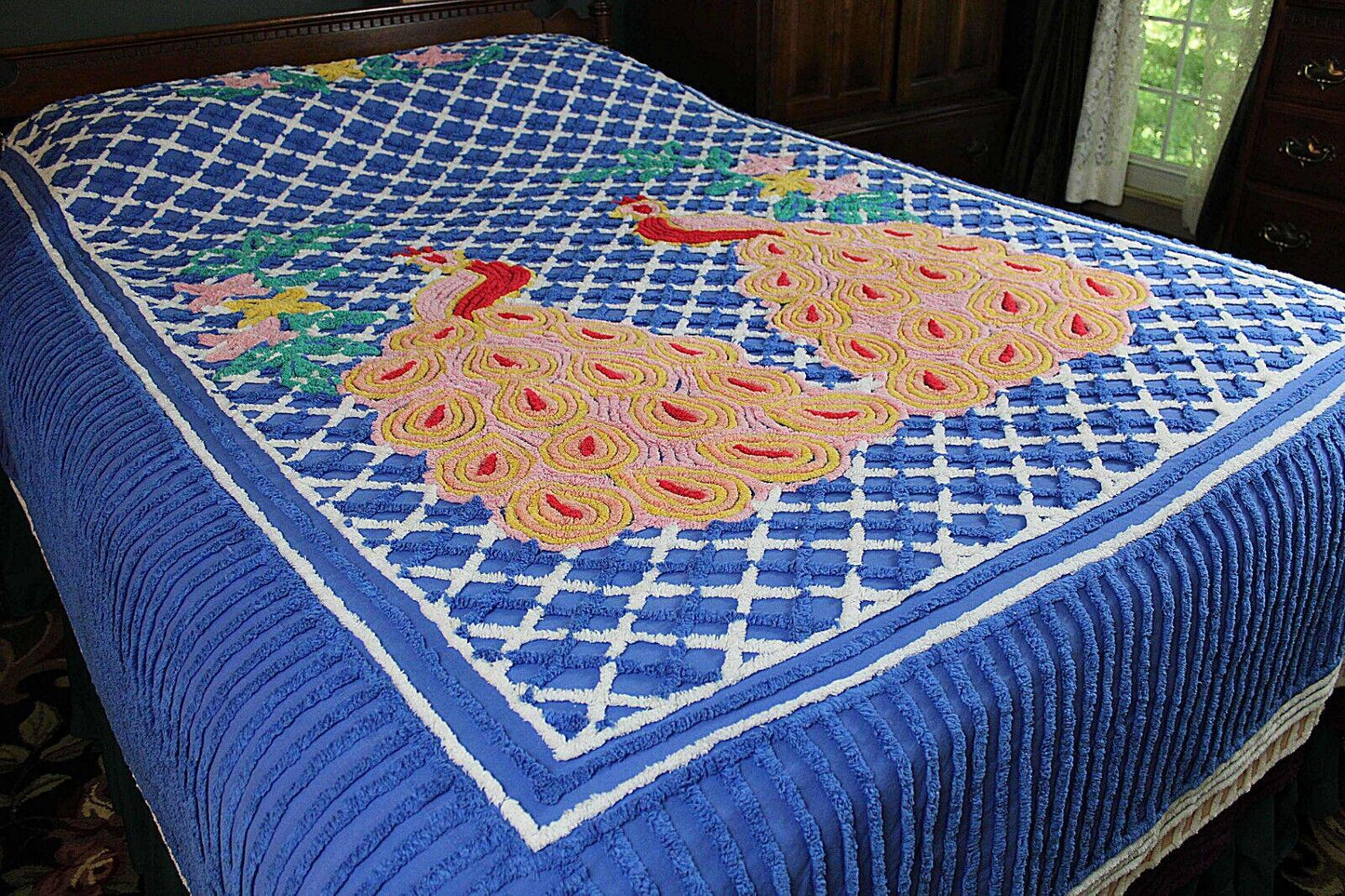 Royal Blue Vintage Peacock Chenille Bedspread, Bold Tropical Floral Colors, FULL Sz