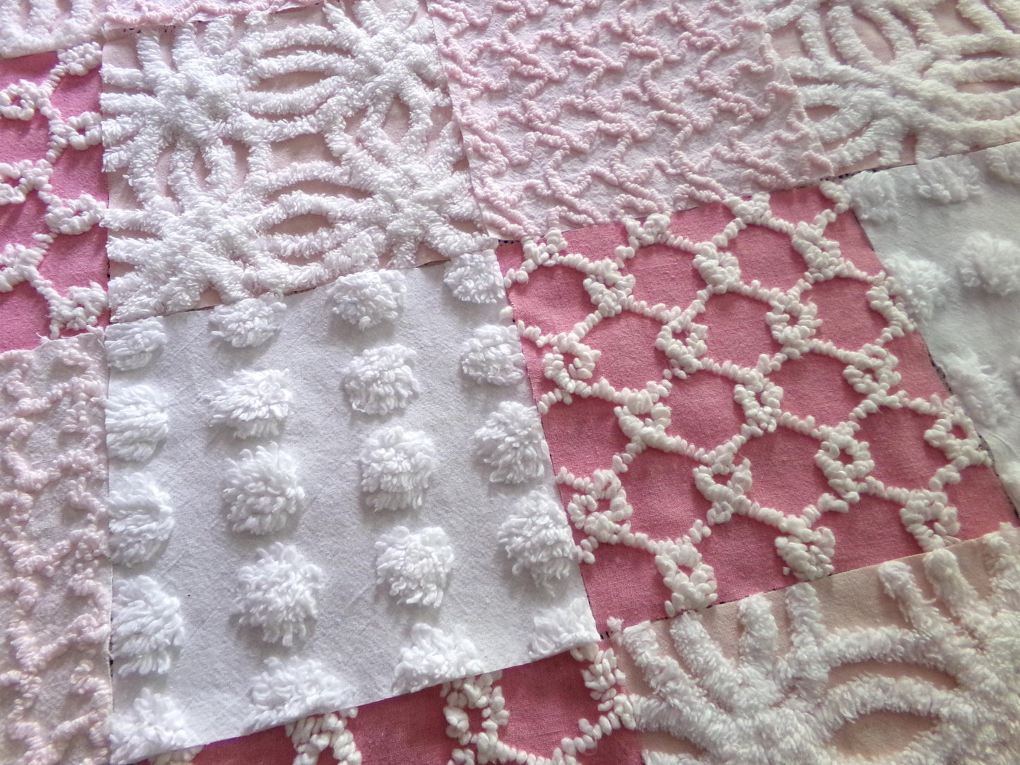 Spunky Pink Quilt Squares Set from Vintage Chenille Bedspread Fabric, 17 Blocks, 6" x 6" inch