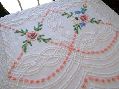 wildflower chenille fabric, vintage floral sewing material on white cotton with peach pops, 23" x 23" piece for handmade quilts & pillows