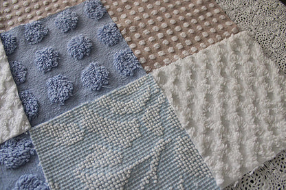 Serene Shores Vintage Chenille Fabric Squares, Blue, White & Sand Craft Square Set, 16 Blocks, 6" x 6" inch, Modern Chic