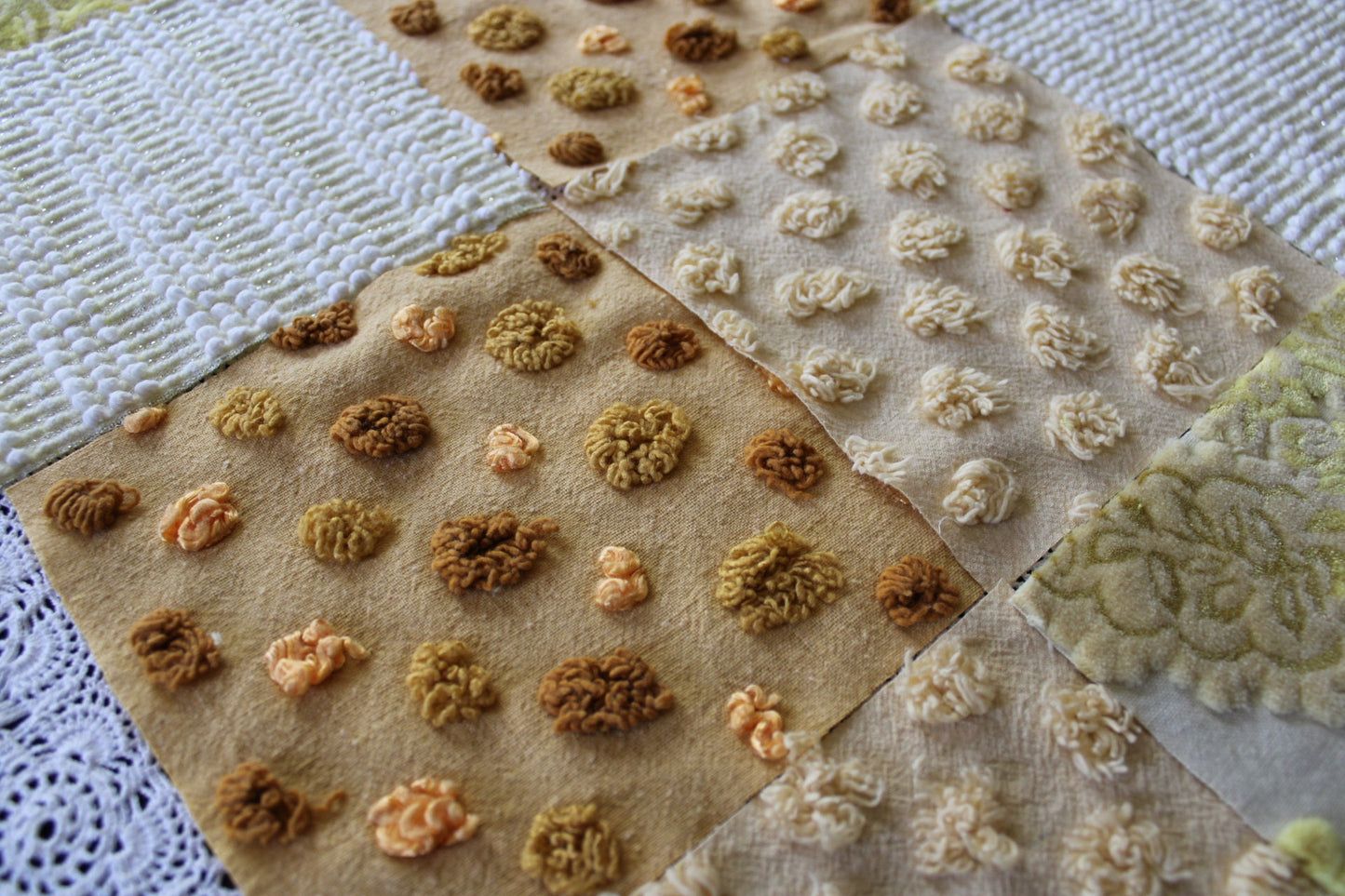 Golden Glow Chenille & Velvet Quilt Squares Set, from Vintage Bedspread Fabric, 16 Blocks, 6" x 6" inches each, Shades of Gold, Yellow