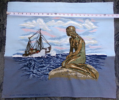 Vintage THE MERMAID Finished Crewel Embroidery Piece, Completed Paragon 0411 Stitchery, Adele Veres 1970s Design