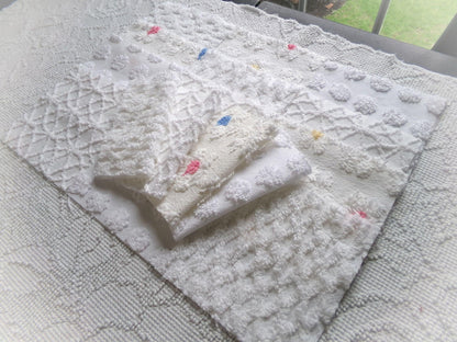 winter whimsy white chenille fabric squares, 16 vintage 6" x 6" quilt blocks, pops, webbed, diamond lattice & daisies for sewing, crafts