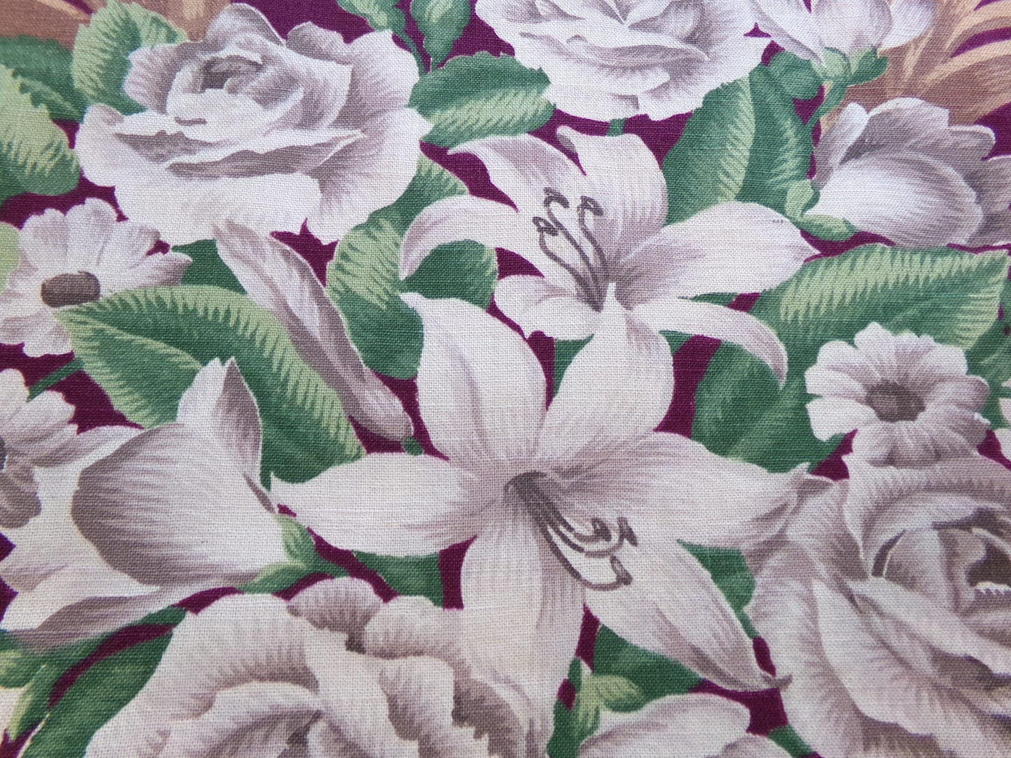 Shabby Vintage Barkcloth STYLE Cotton Fabric, Golden Beige Roses & Lilies on Rich Maroon Wine 21" x 30", Deconstructed Curtain Panel