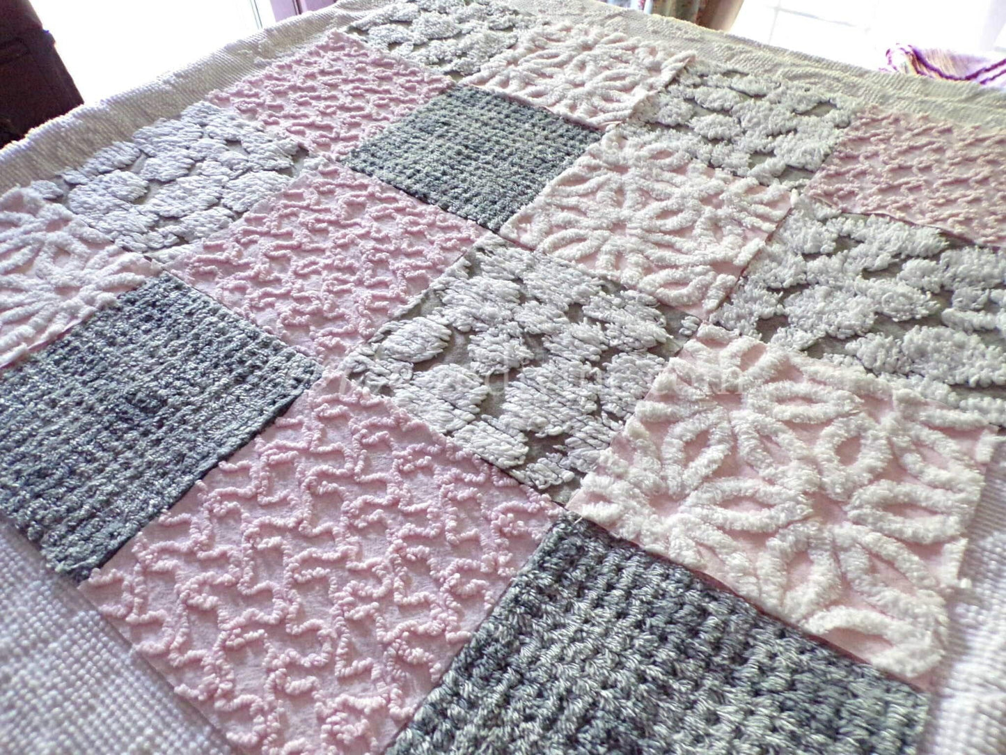 modern pink & grey chenille fabric squares, set of 16 vintage 6" quilt blocks for sewing, quilting, fiber arts