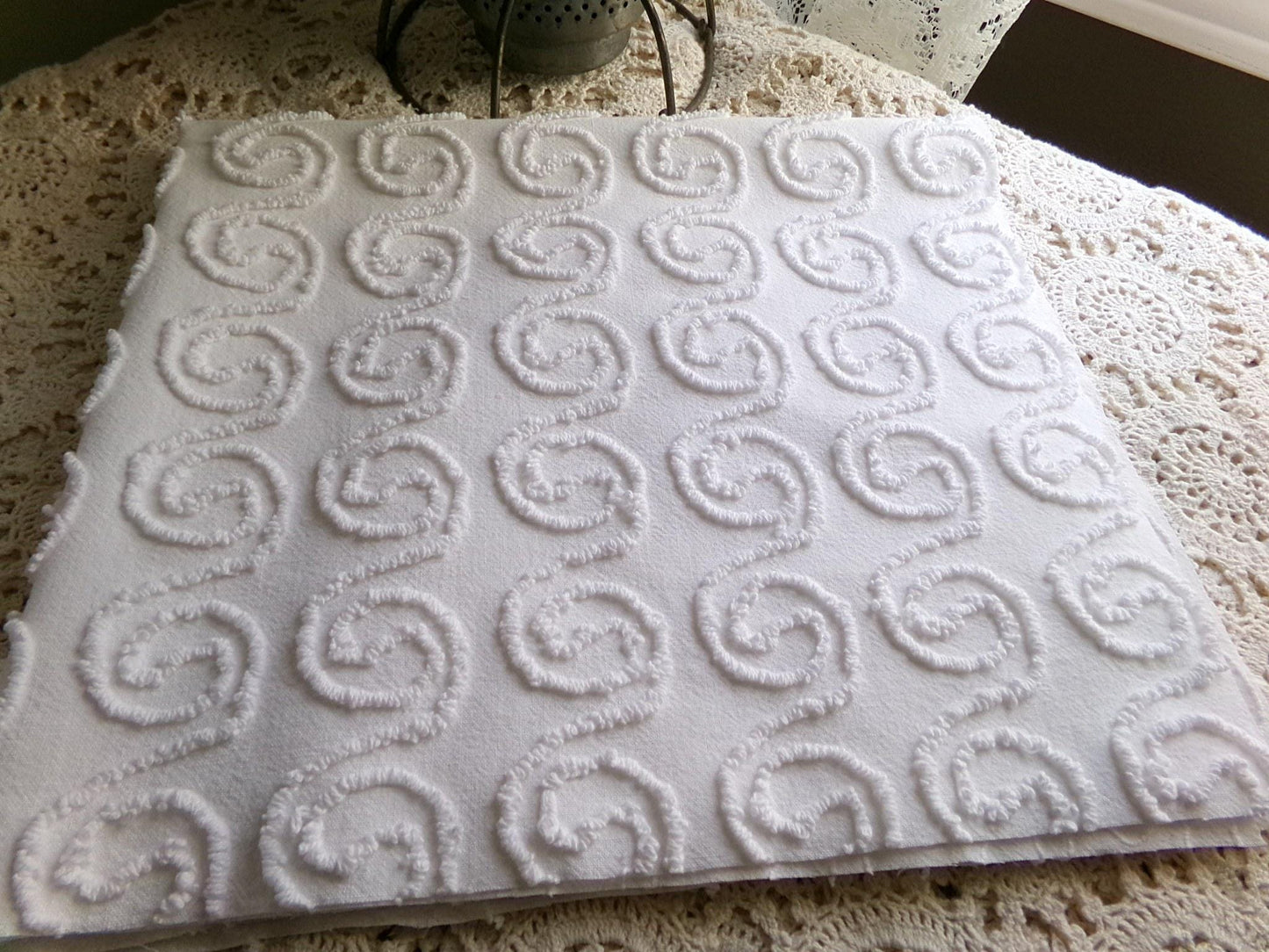spiral curls white vintage chenille fabric, ultra lightweight cotton sewing material with great texture & presentation, 20" x 24" inch piece