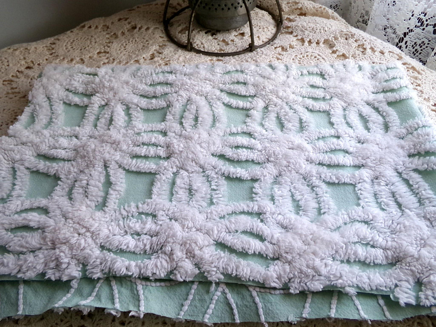 mint green chenille fabric, plush white wedding rings, 18" x 26" inch piece cut from vintage chenille bedspread