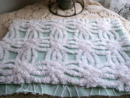 mint green chenille fabric, plush white wedding rings, 18" x 26" inch piece cut from vintage chenille bedspread