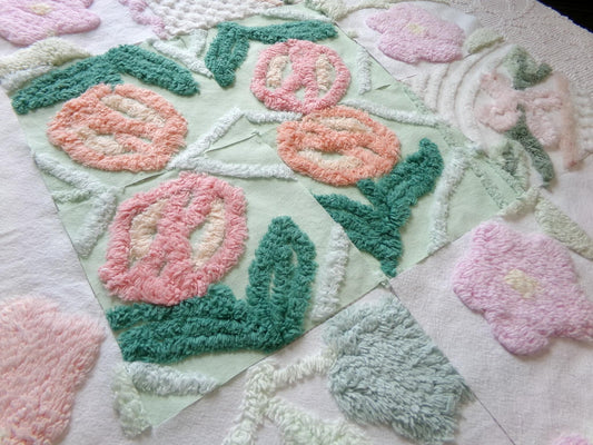 blooms chenille fabric squares, set of 16 lovely vintage floral 6" craft blocks, for quilt inlays, pillows, fiber arts