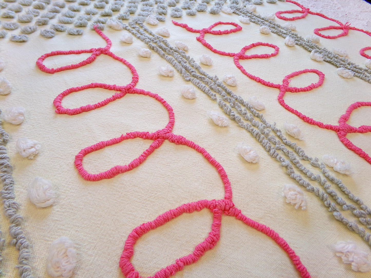 doodles & dots vintage chenille fabric, red loops w/ grep pops on buttery yellow, 20" x 24" cut piece