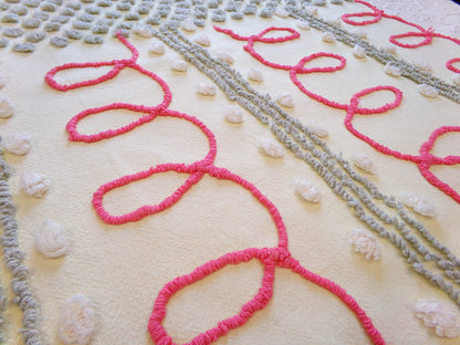 doodles & dots vintage chenille fabric, red loops w/ grep pops on buttery yellow, 20" x 24" cut piece