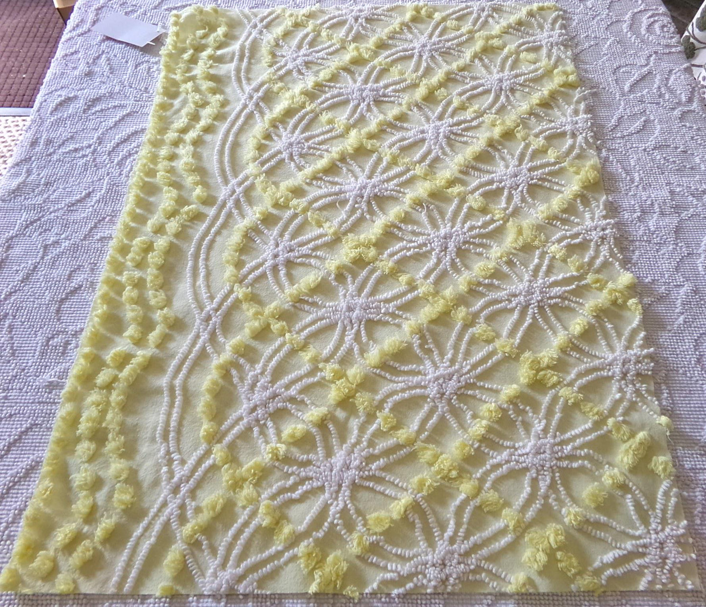 springtime yellow & white chenille fabric, vintage 27" x 21" inch piece of quilt material with fluffy pops, needletuft spider rings