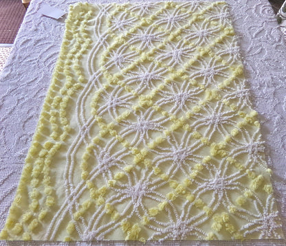 springtime yellow & white chenille fabric, vintage 27" x 21" inch piece of quilt material with fluffy pops, needletuft spider rings