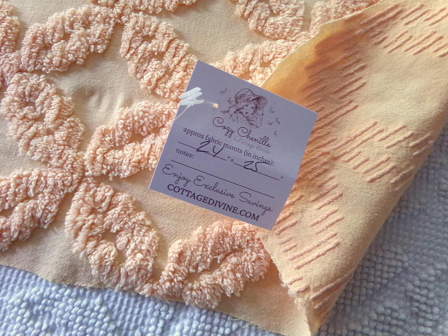 Peach Petals Vintage Chenille Quilt Fabric, 25" x 24" inch Piece, Raised Geometric Floral Pattern