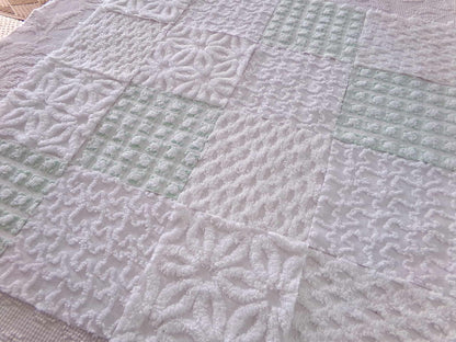 winter rose chenille fabric squares, white rosebud, daisy & geometric mix, vintage craft square set of 16 quilt blocks, 6" x 6" inch