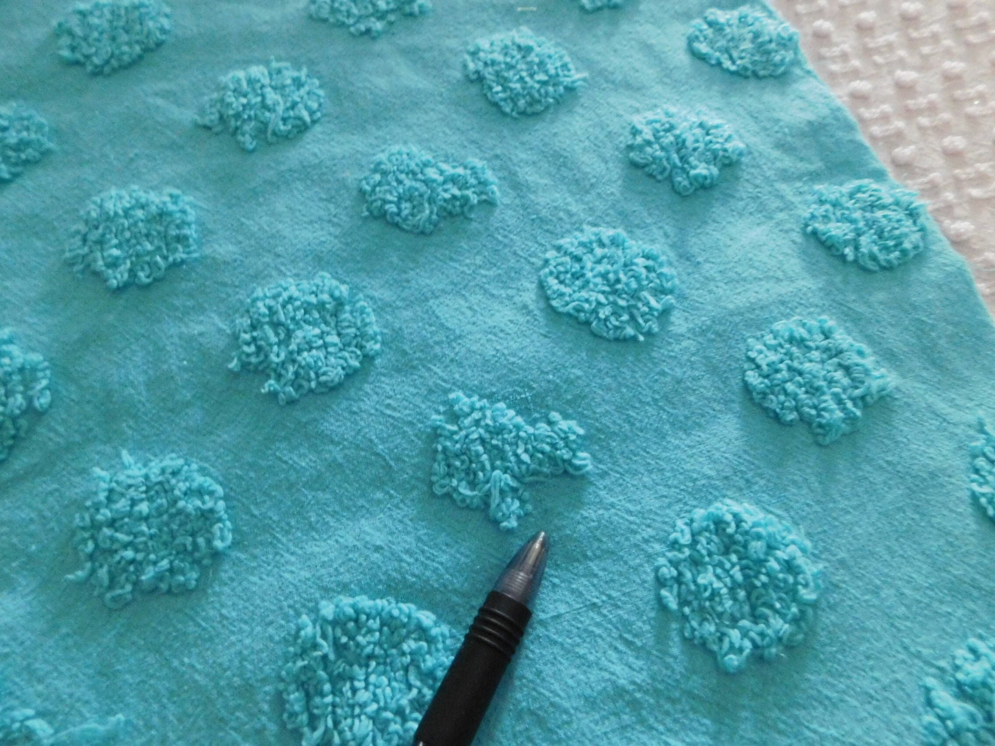 Jumbo Aqua Coin Pops Vivid Vintage Style Chenille Quilt Fabric Piece, 16" x 20" inches