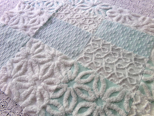 Spa Bliss Vintage Chenille Fabric Squares in Cool Aqua & White Colors, Set of 16 Blocks, 6" Each for Quilts, Crafts, Junk Journals, Pillows