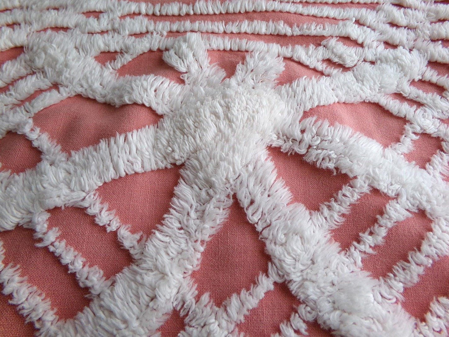 Unique Terracotta Rose Vintage Chenille Fabric, 29" x 27" Inch Piece, White Geometric Designs