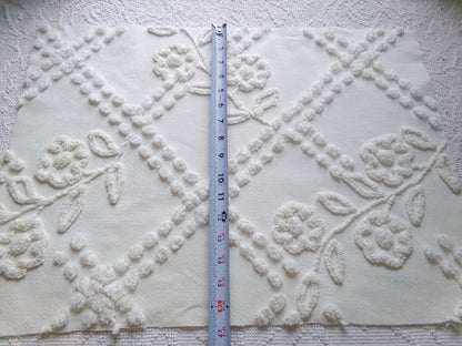 Vintage White Floral Chenille Fabric: Farmhouse Style 23" x 16" Cut Piece
