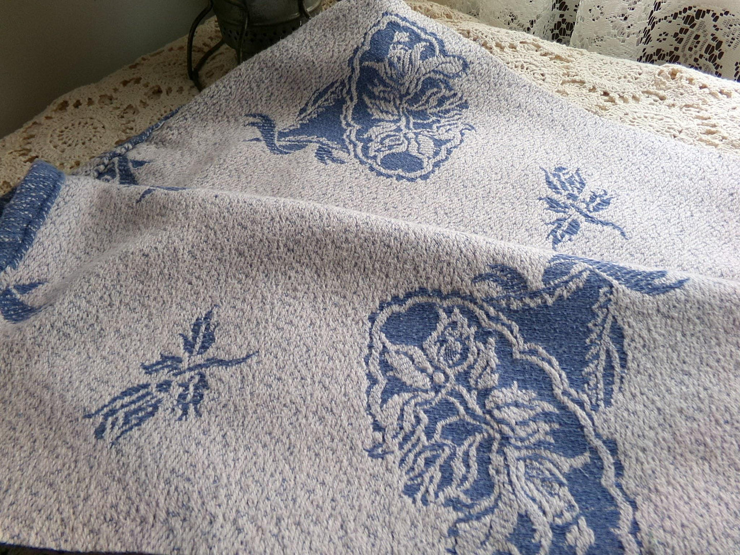romantic coastal style vintage woven fabric, white & blue bridal floral bouquets, reversible 20" x 27" inch piece of shabby sewing material