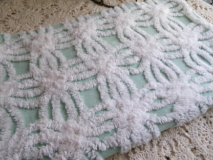 mint green chenille fabric, plush white wedding rings, 18" x 26" inch piece cut from vintage chenille bedspread