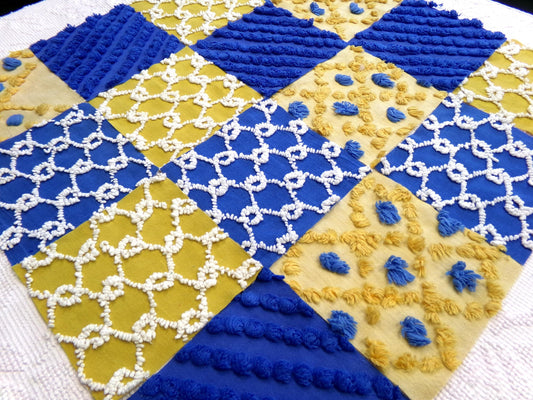 Vintage Chenille Fabric Squares - Set of 16 - Gold, White & Royal Blue Sports Team Colors - 6" Quilt Blocks