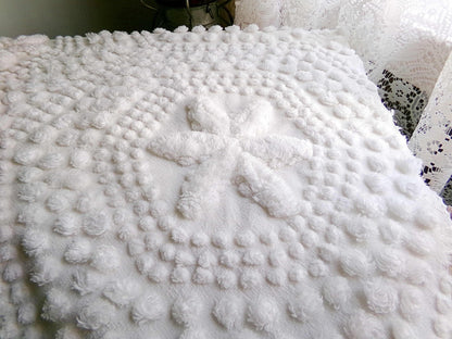 sweet stars 3D vintage chenille fabric, 100% cotton antique white sewing material for pillows, handmade chenille quilts, 28" x 18" cut piece