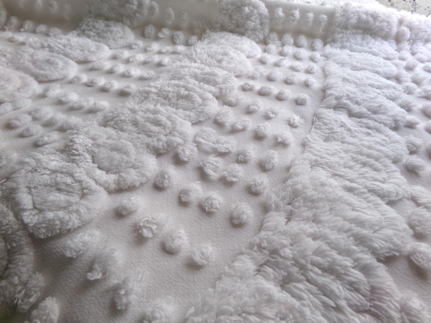 whisper white vintage chenille fabric, exquisite swirl dot design, 29" x 22" inch piece of plush cotton sewing material for quilts, crafts