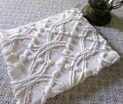 Traditional White Vintage Chenille Fabric in Classic Wedding Ring Pops Design, 20" x 25" Inch Piece, Versatile in Pillows, Quilts & Crafts