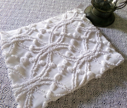 Traditional White Vintage Chenille Fabric in Classic Wedding Ring Pops Design, 20" x 25" Inch Piece, Versatile in Pillows, Quilts & Crafts