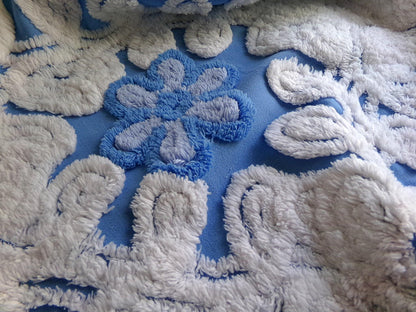 coastal cute blue chenille fabric, plush white swirls surround single flowers, 18" x 24" inch piece of vintage sewing material