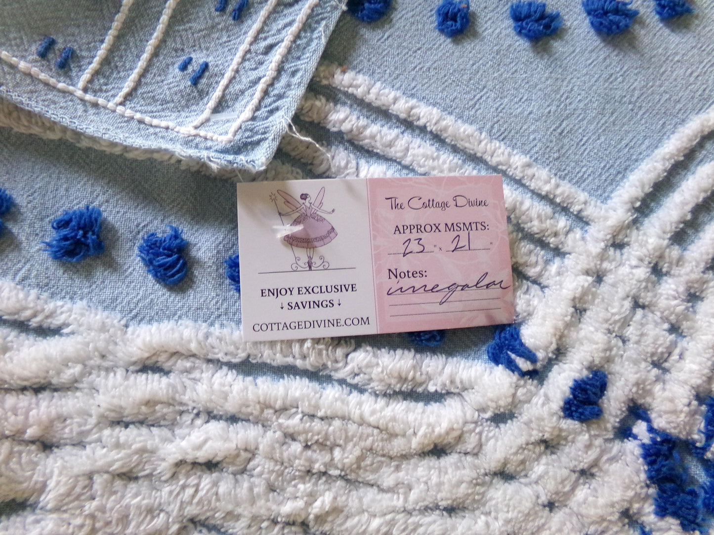 Cottage Style Blue Chenille Fabric, Pretty Pink Roses, 23" x 21" inch Piece, Great for Handmade Quilts & DIY Pillow Covers