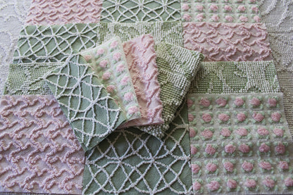 rosy romance chenille fabric squares, set of 16 vintage quilt blocks 6" inches ea, squiggle, hobnail, rosebud texture in jade & pink rose