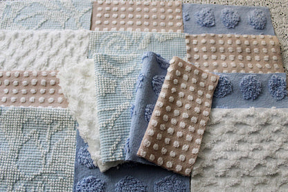 Serene Shores Vintage Chenille Fabric Squares, Blue, White & Sand Craft Square Set, 16 Blocks, 6" x 6" inch, Modern Chic