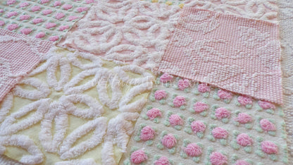 Chenille Fabric Squares Set, "Spring is in the Air", from Vintage Bedspread Fabrics, 16 Quilt Blocks, 6" inch, Cottage Pink, Yellow & White